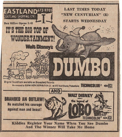 VINTAGE 1970 Disney Dumbo / Legend of Lobo Newspaper Advertisement