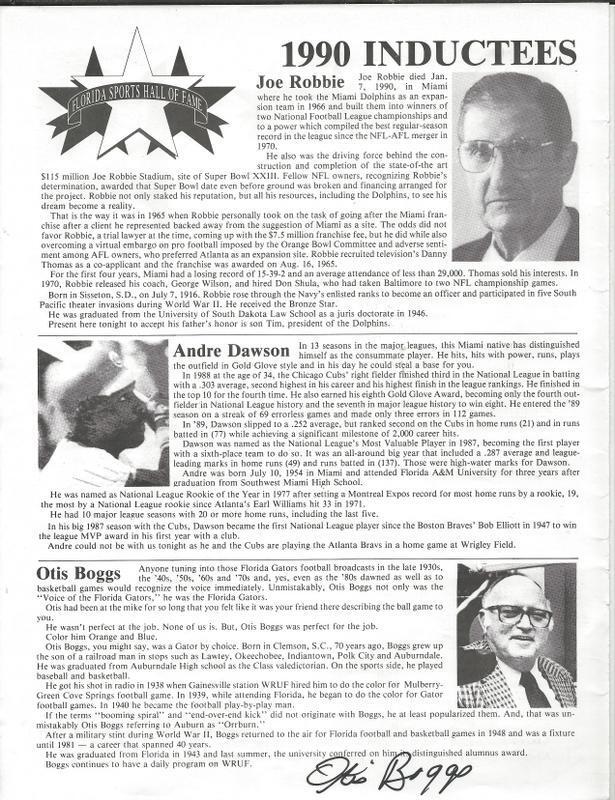 Otis Boggs Signed Florida HOF Induction Program Page JSA Florida Announcer