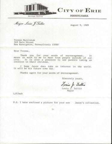 Louis Tullio Mayor of Erie Pennsylvania Signed 1989 Typed Letter