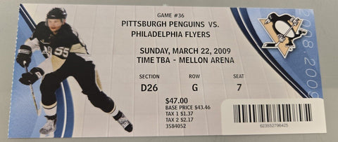 Mar 22 2009 Flyers @ Pittsburgh Penguins Ticket Kris Letang Goal