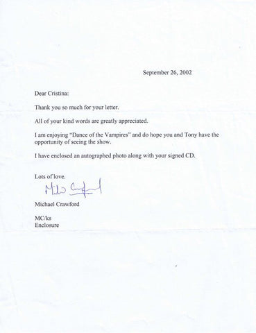 Michael Crawford Signed 2002 Typed Letter Phantom of the Opera