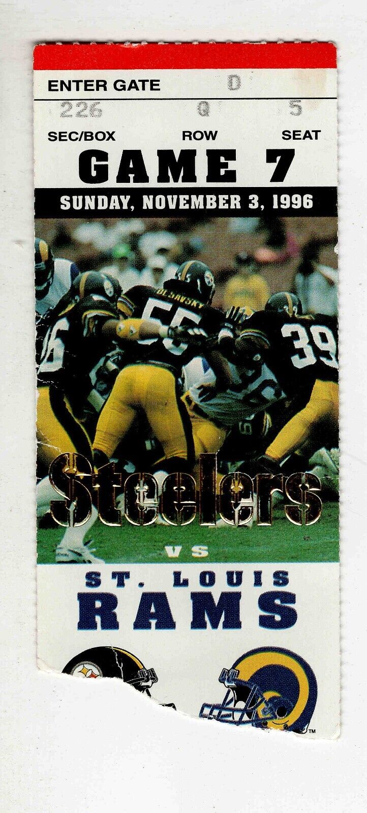 Nov 3 1996 Rams @ Pittsburgh Steelers Ticket Jerome Bettis Revenge Game 129/2 TD