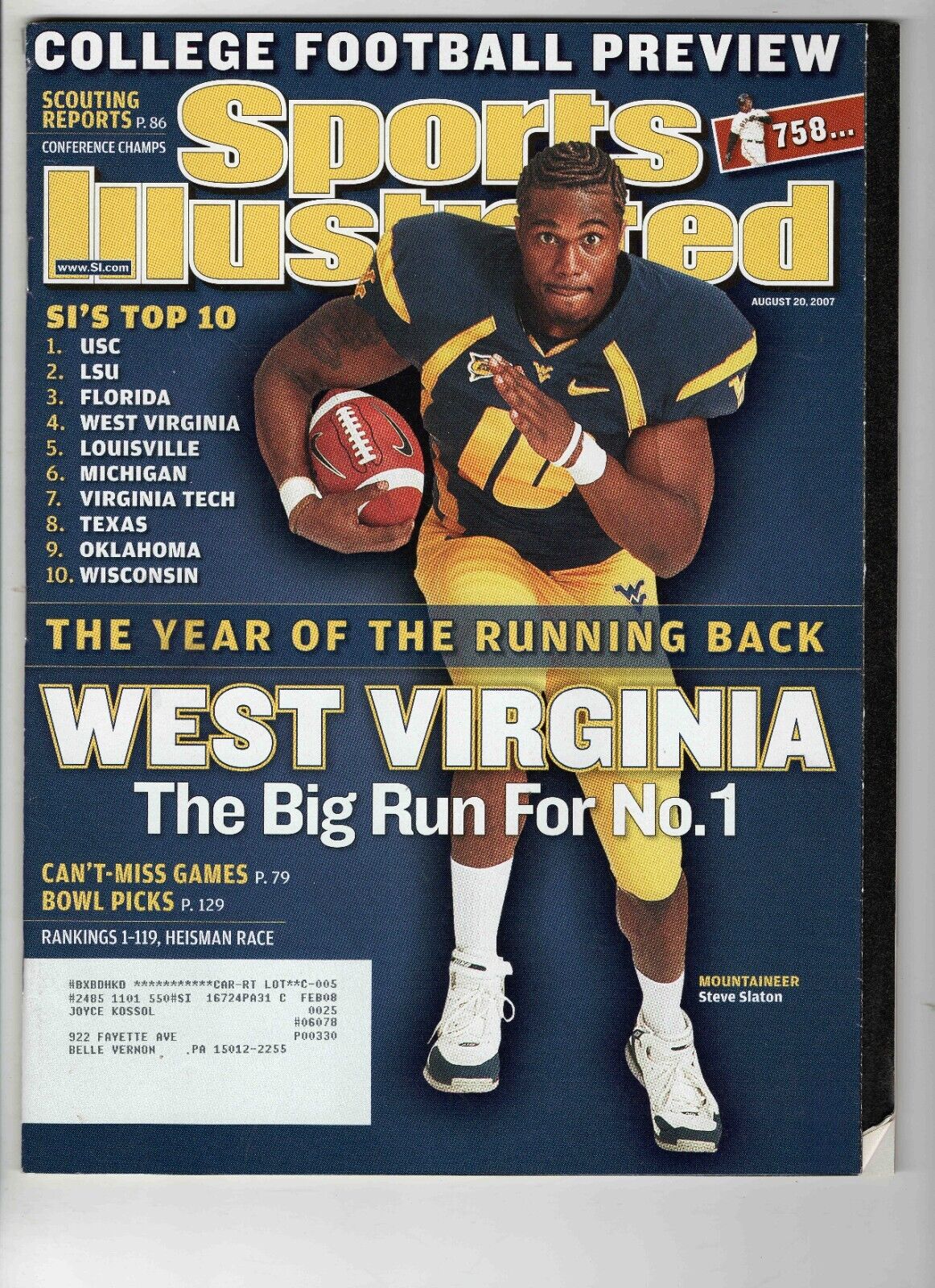 Aug 20 2007 Sports Illustrated Magazine Steve Slaton West Virginia