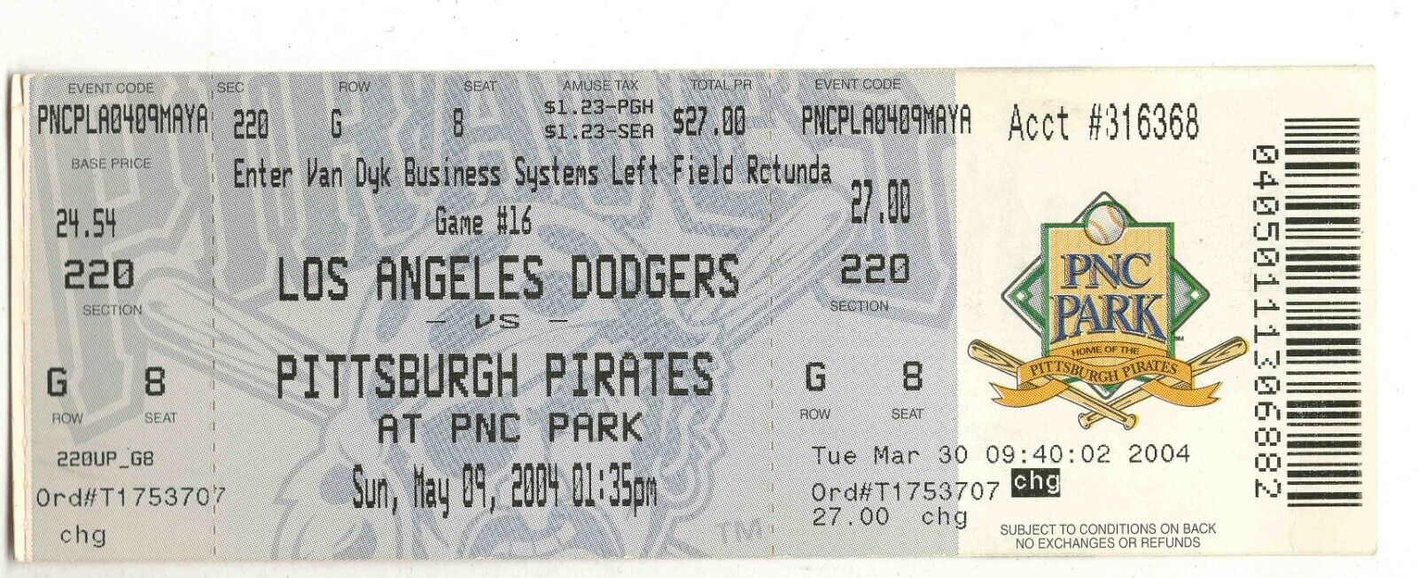 May 9 2004 LA Dodgers @ Pittsburgh Pirates Ticket 14 Innings Milton Bradley 4-7