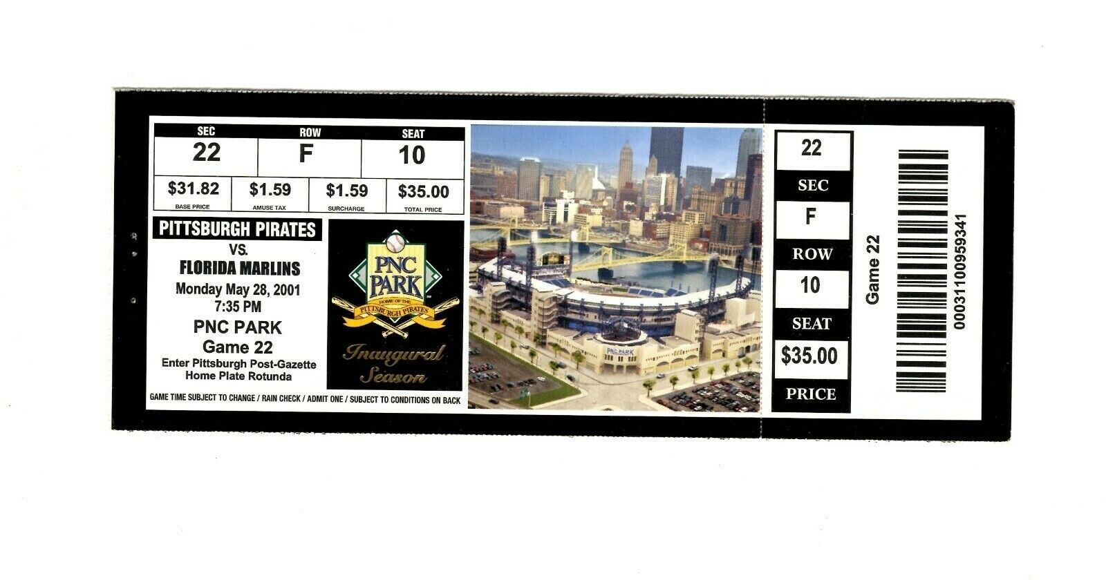 May 28 2001 Florida Marlins @ Pittsburgh Pirates Ticket 1st PNC Park Season