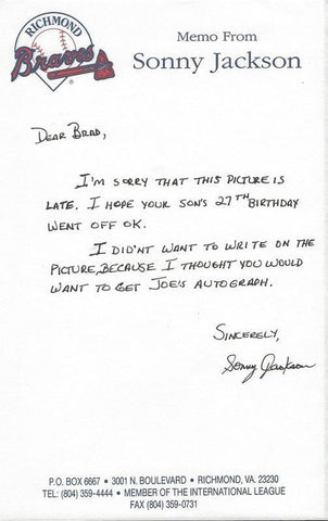 Sonny Jackson Signed Handwritten Letter Braves