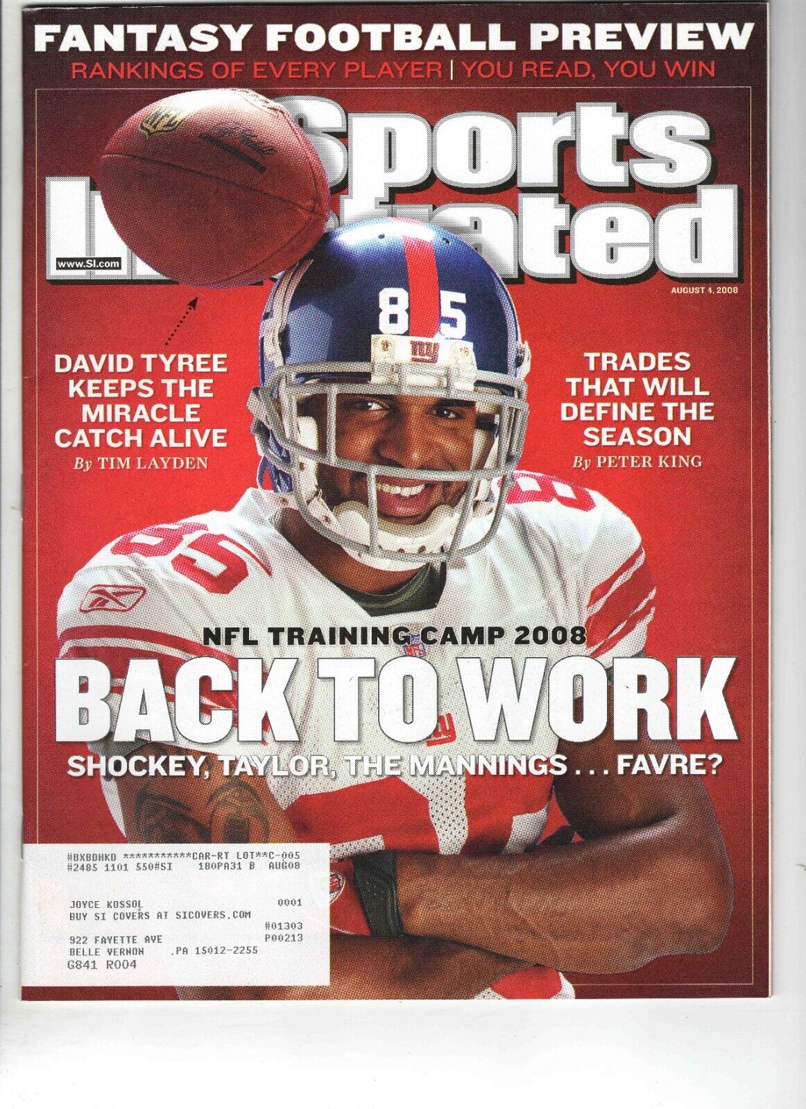 Aug 4 2008 Sports Illustrated Magazine David Tyree Giants