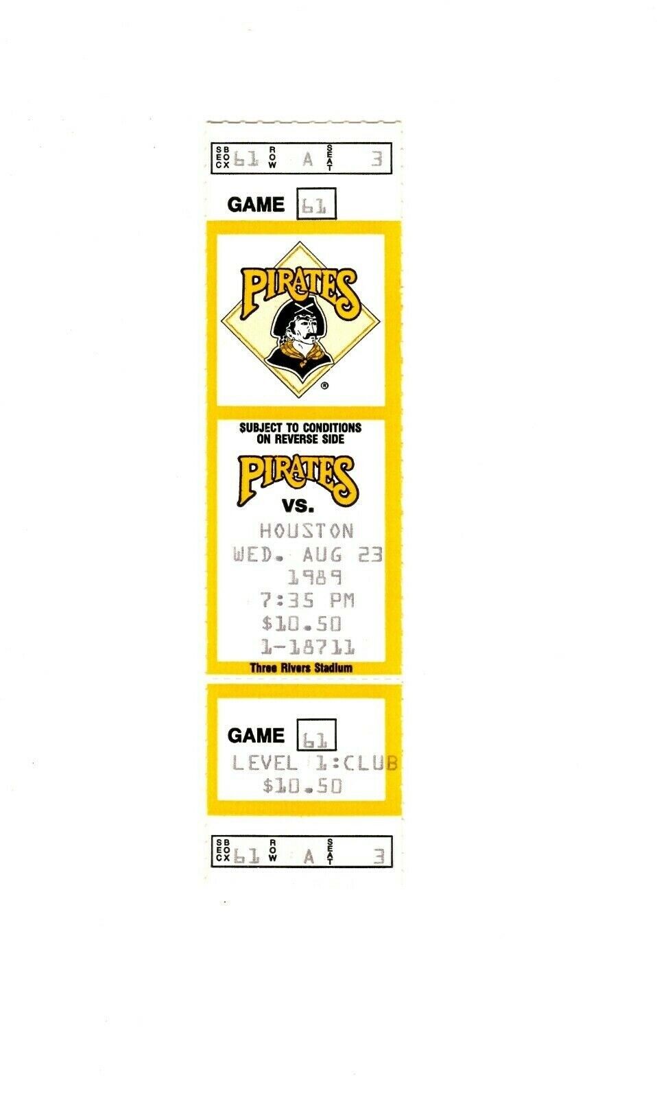 Aug 23 1989 Houston Astros @ Pittsburgh Pirates Ticket Bobby Bonilla HR