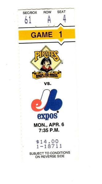 Apr 6 1992 Montreal Expos @ Pittsburgh Pirates Ticket Home Opener Doug Drabek W