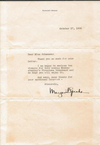 Margaret Speaks 1939 Typed Letter JSA