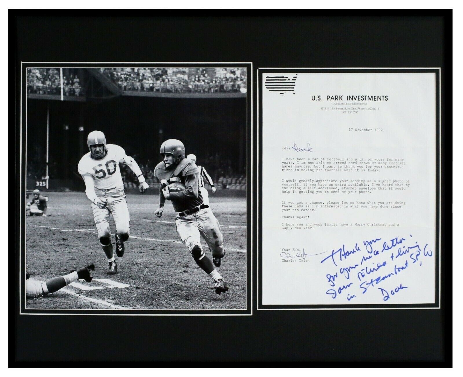 Doak Walker Signed Framed 16x20 Letter & Photo Display Lions SMU