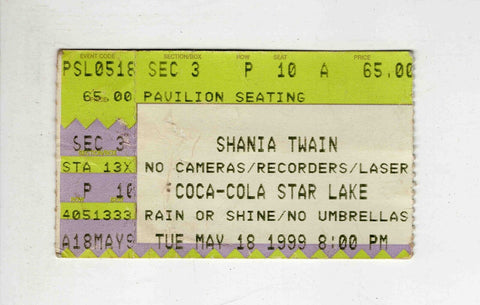 VINTAGE May 18 1999 Shania Twain Concert Ticket Pittsburgh PA Star Lake