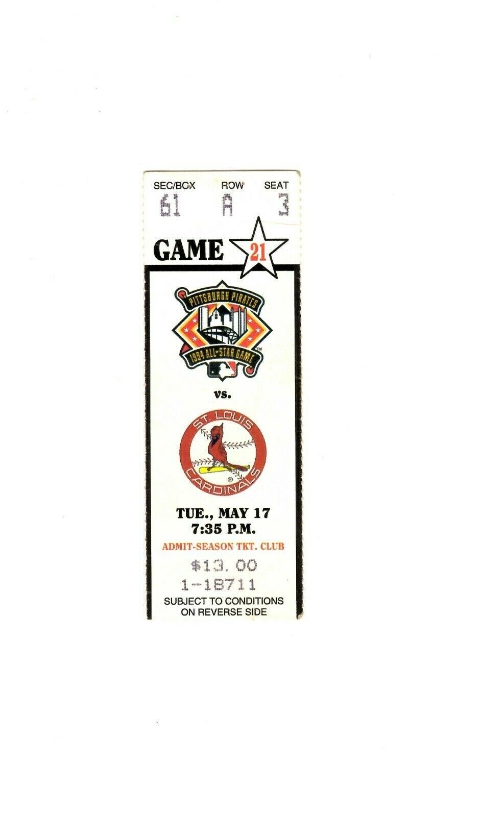 May 17 1994 St Louis Cardinals @ Pittsburgh Pirates Ticket Cards 2-Hitter