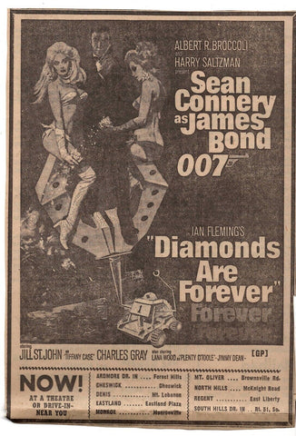 VINTAGE 1972 Diamonds Are Forever Newspaper Advertisement Sean Connery J Bond