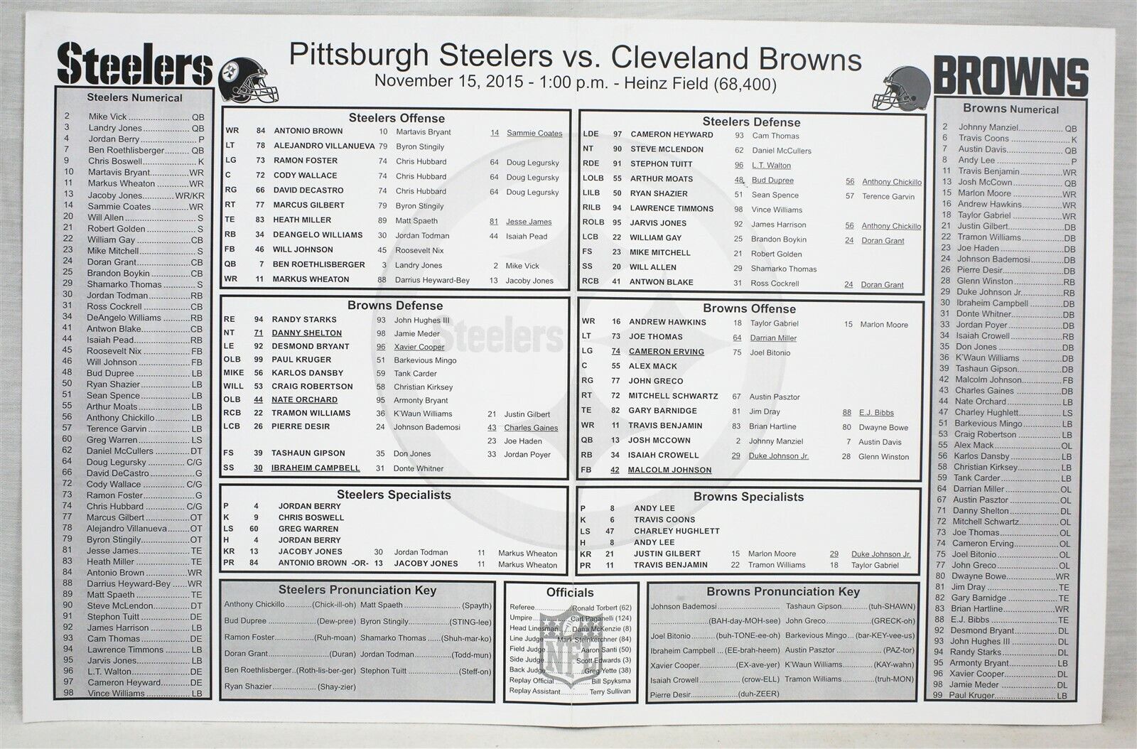 ORIGINAL 2015 Clev Browns @ Pittsburgh Steelers Lineup Card Manziel vs Ben