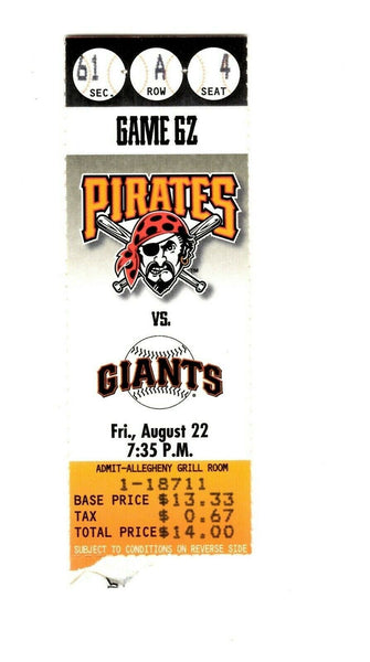 Aug 22 1997 San Francisco Giants @ Pittsburgh Pirates Ticket Barry Bonds