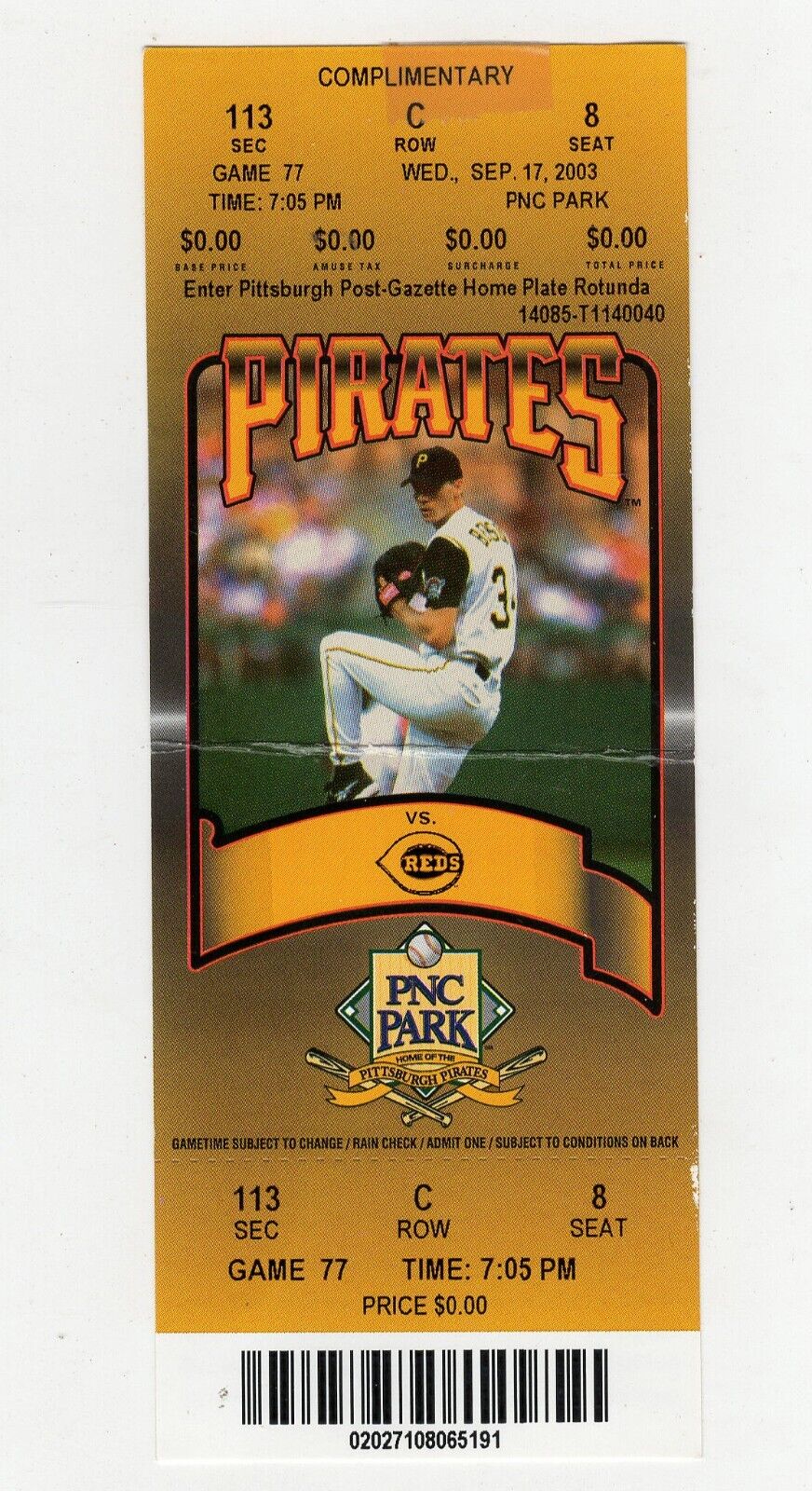 VINTAGE Sep 17 2003 Cincinnati Reds Pittsburgh Pirates Ticket Jason Kendall 3-5