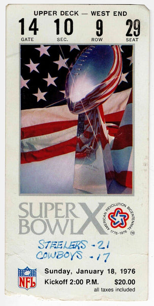 VINTAGE 1976 Super Bowl X Ticket Pittsburgh Steelers Cowboys Lynn Swann MVP