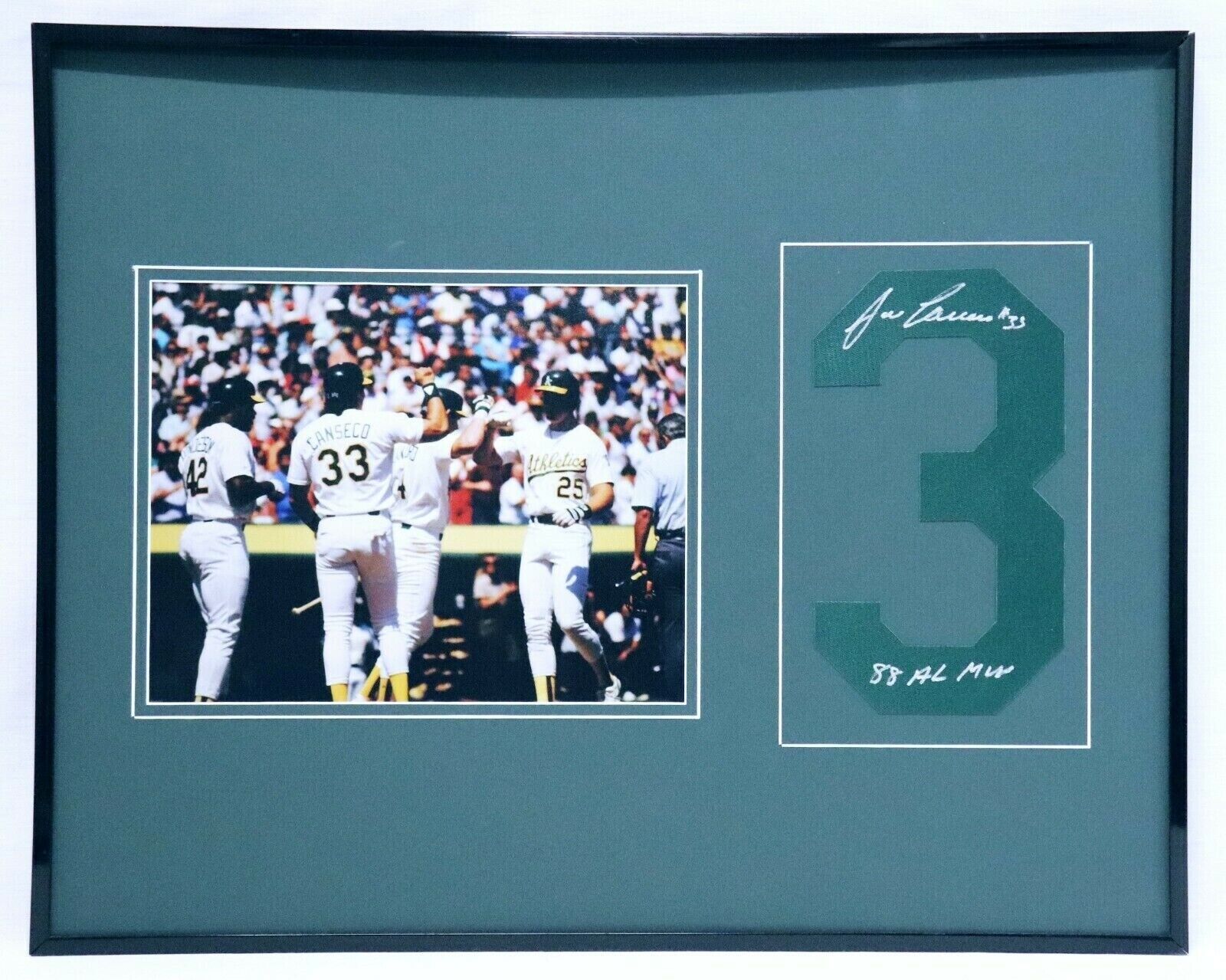 Jose Canseco Signed Framed 16x20 Jersey # & Photo Set A's MVP Inscription