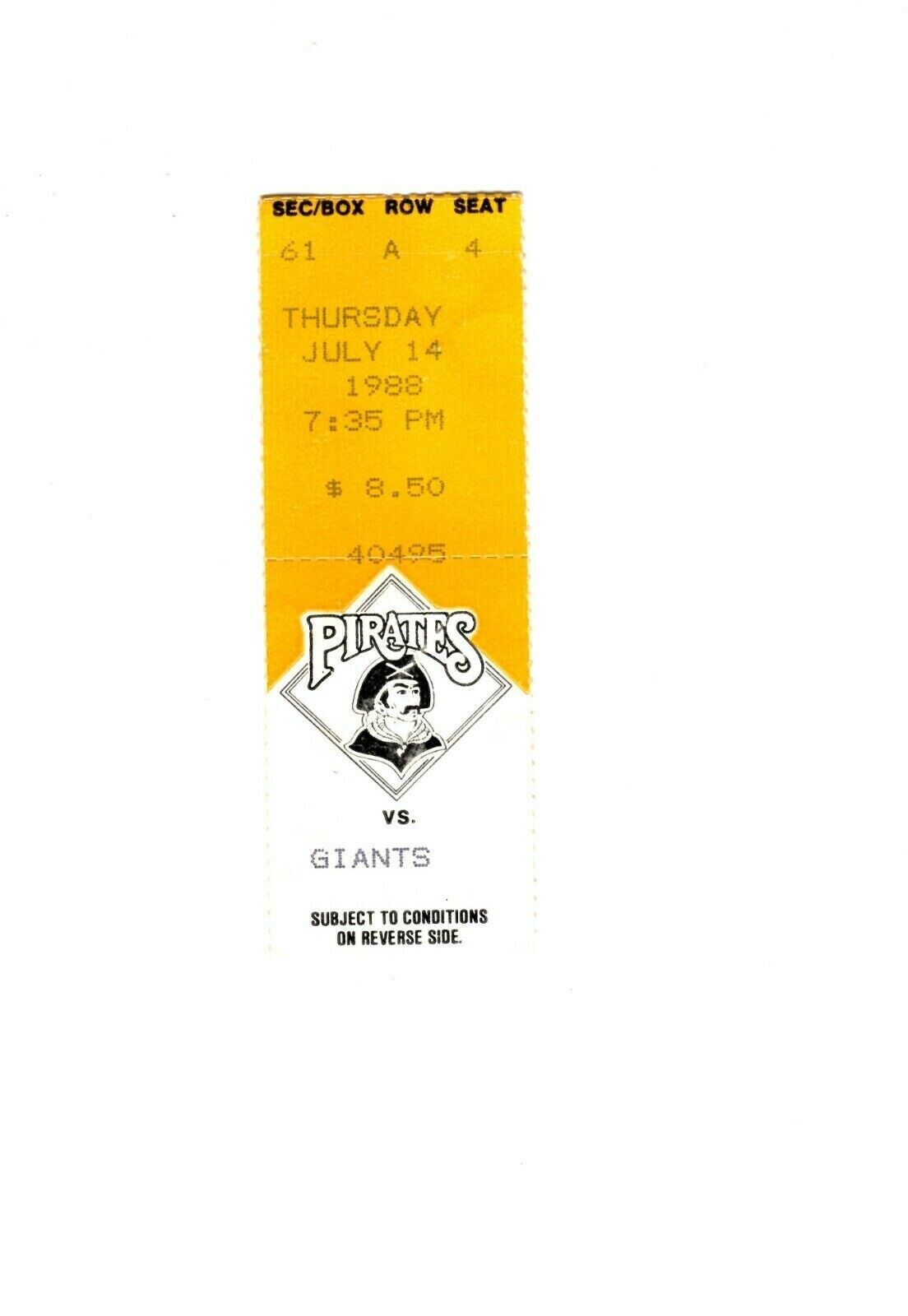 July 14 1988 San Francisco Giants @ Pittsburgh Pirates Ticket Barry Bonds 2 2B