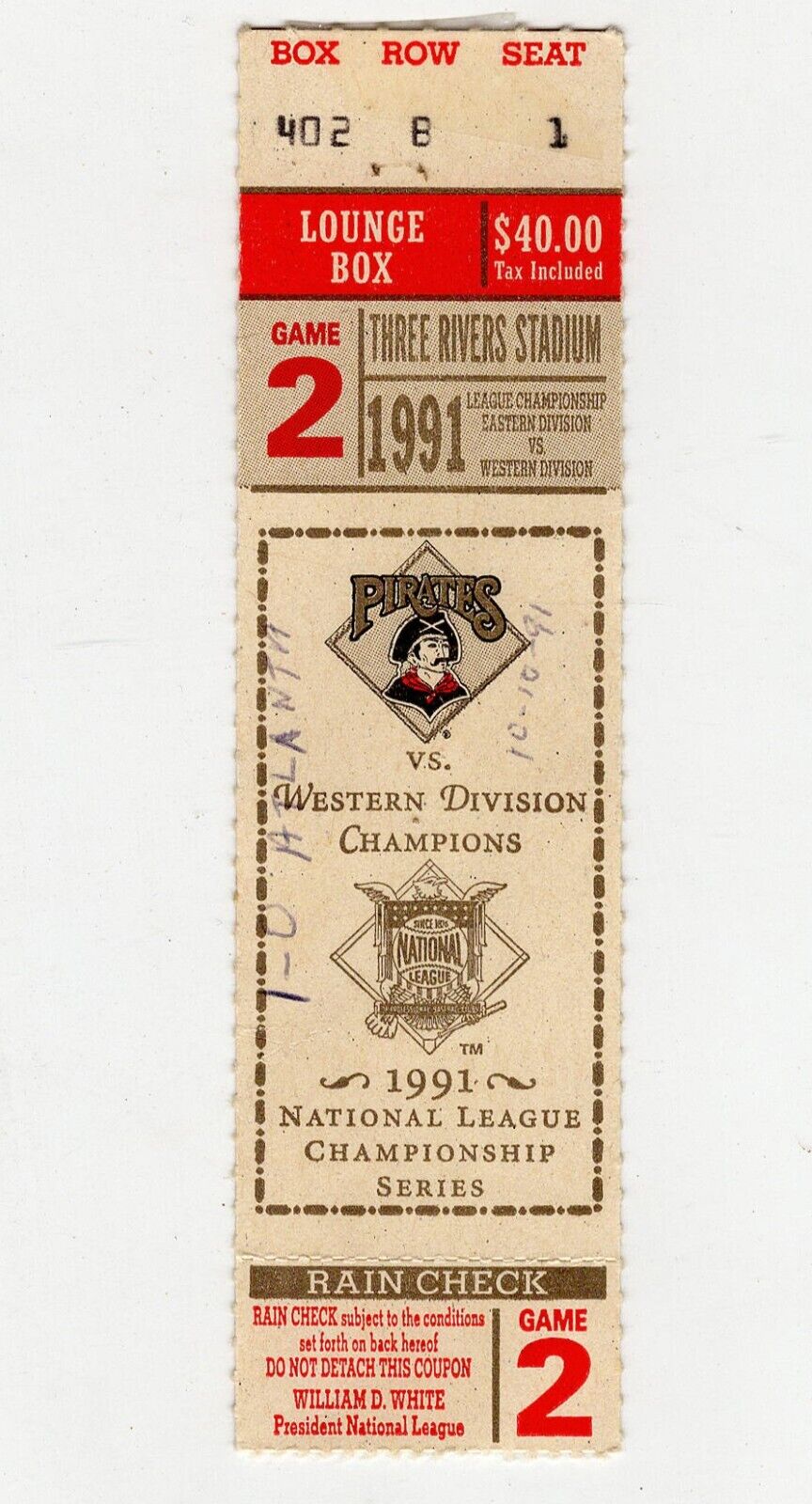 VINTAGE 1991 NLCS Game 2 Atlanta Braves Pittsburgh Pirates Ticket 1-0 Duel!