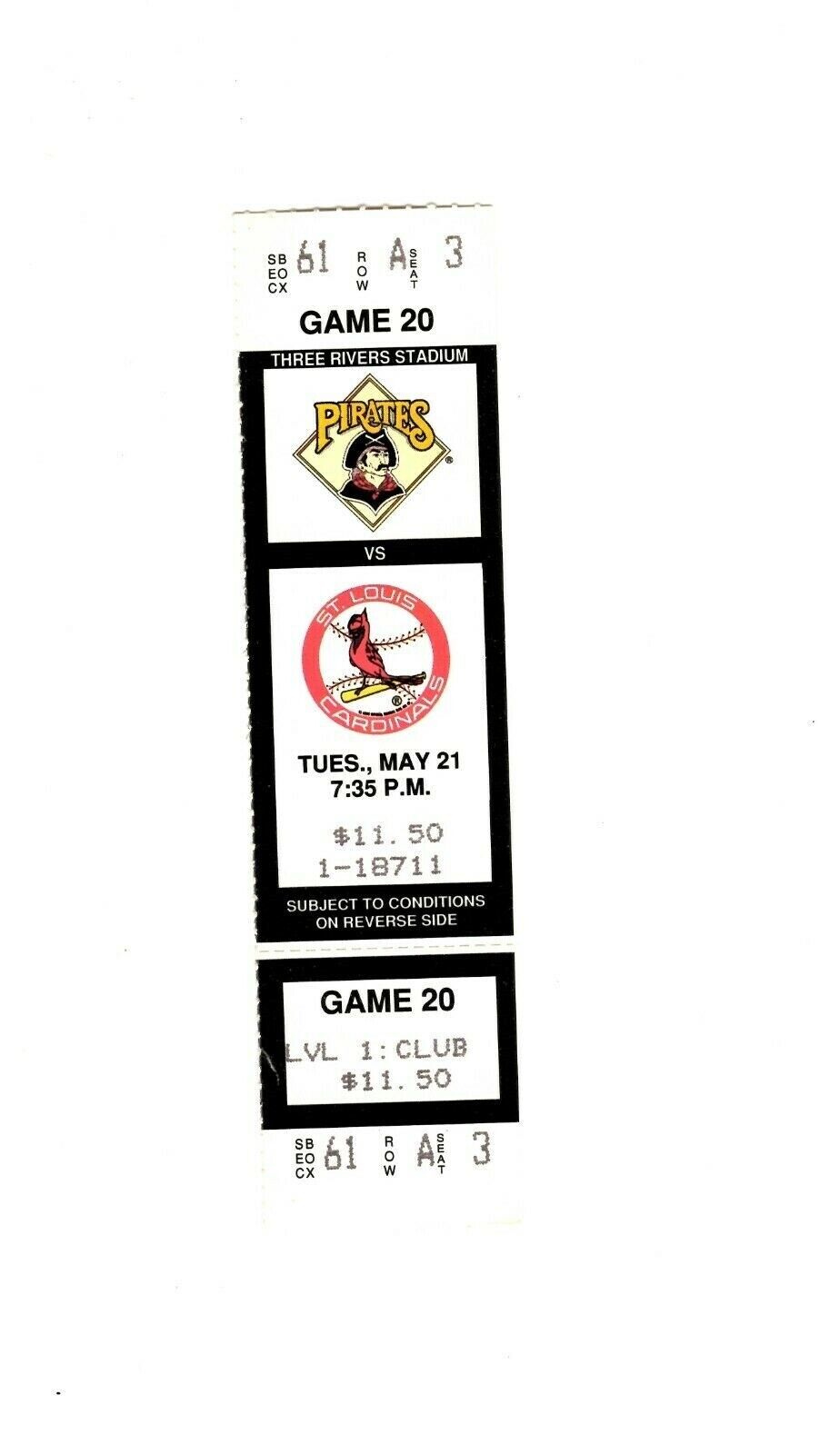 May 20 1991 St Louis Cardinals @ Pittsburgh Pirates Ticket Barry Bonds 2 HR