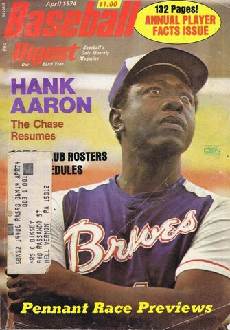 ORIGINAL Vintage Apr 1974 Baseball Digest Magazine Hank Aaron