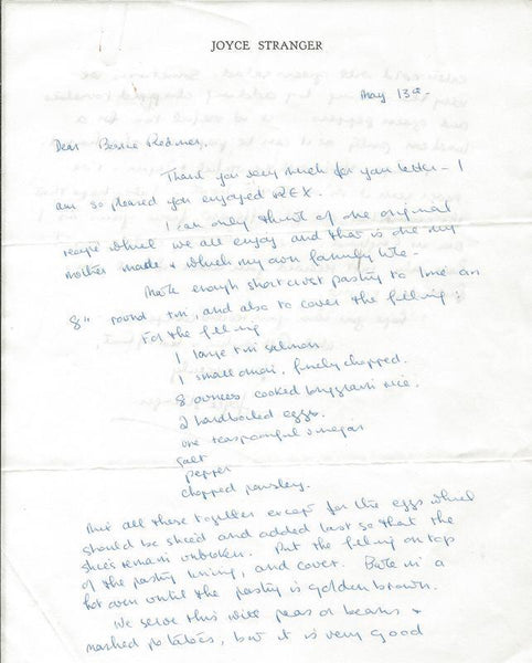 Joyce Stranger Signed Handwritten Letter & Salmon Casserole Recipe