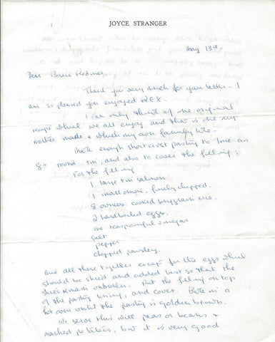 Joyce Stranger Signed Handwritten Letter & Salmon Casserole Recipe