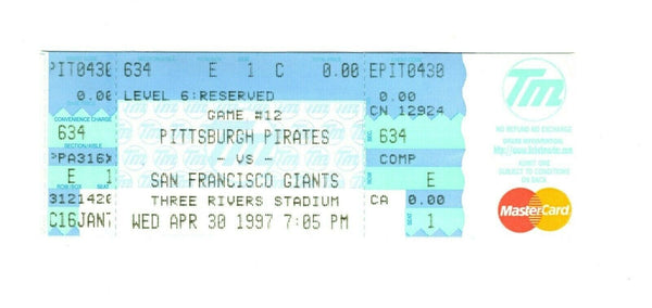 Apr 30 1997 San Francisco Giants @ Pittsburgh Pirates Ticket Jeff Kent HR Bonds