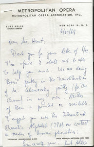 Kurt Adler Signed 1969 Handwritten Letter on Metropolitan Met Opera Letterhead