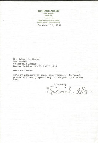 Richard Adler 1993 Signed Typed Letter JSA