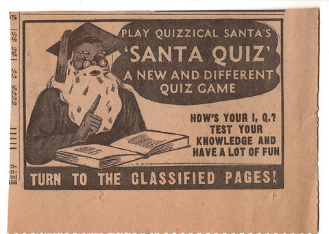 VINTAGE 1941 Santa Claus Quiz Christmas Newspaper Advertisement