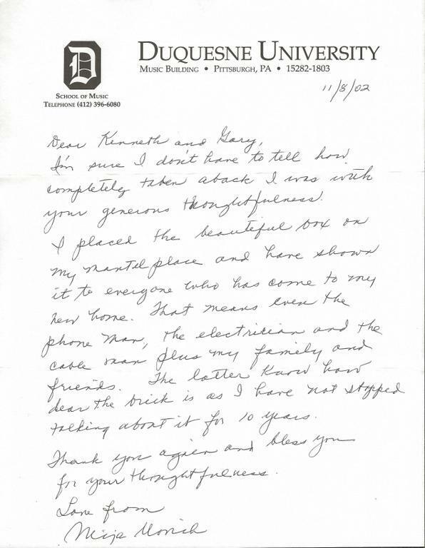 Mija Novich Signed 2002 Handwritten Letter Duquesne University Soprano