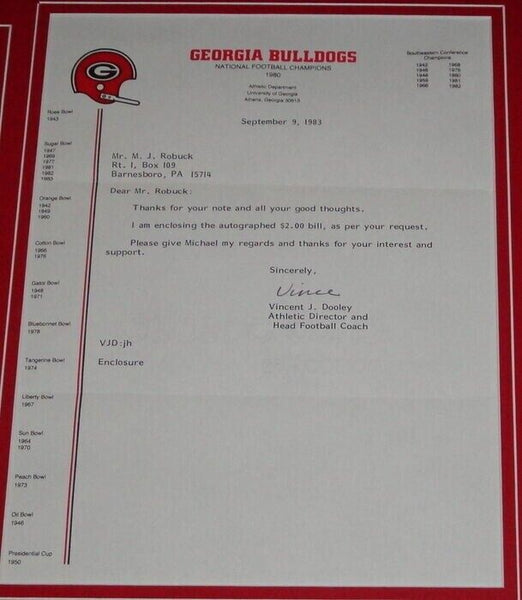 Vince Dooley Signed Framed 1983 Letter & Photo Display UGA Georgia 