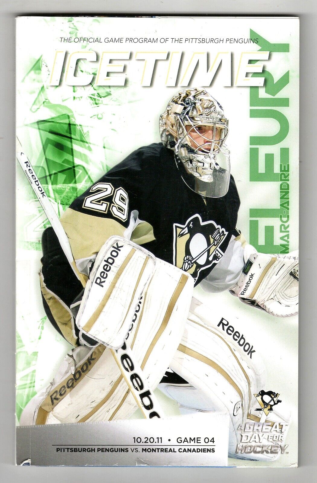 VINTAGE Oct 20 2011 Pittsburgh Penguins vs Montreal Canadiens Program MA Fleury