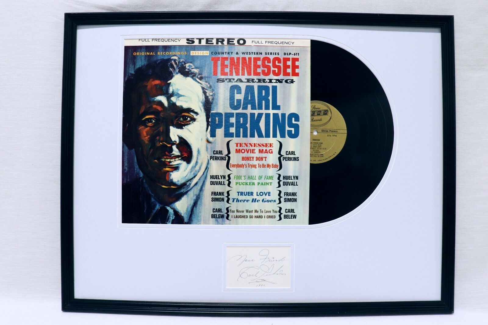 Carl Perkins Signed Framed 1962 Tennessee Record Album Display JSA