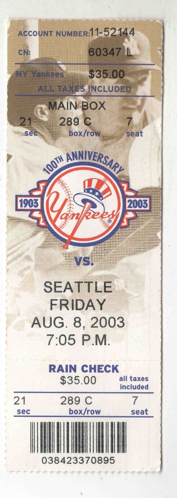 Aug 8 2003 Seattle Mariners NY Yankees Ticket Ichiro Matsui Nick Johnson 5 RBI