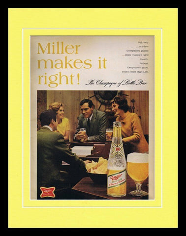 1960s Miller High Life Champagne of Beer 11x14 Framed ORIGINAL Advertisement