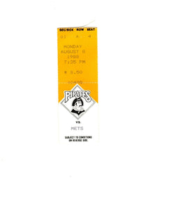 Aug 8 1988 New York Mets @ Pittsburgh Pirates Ticket Pirates Win 1-0