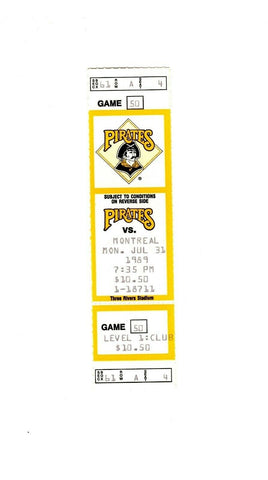 July 31 1989 Montreal Expos @ Pittsburgh Pirates Ticket Andres Galarraga HR