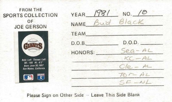 Bud Black Signed 3x5 Index Card Giants