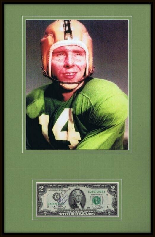 Johnny Lattner 11x17 Signed Framed $2 Bill & Photo Display Notre Dame