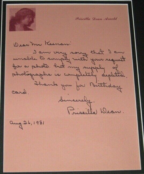 Priscilla Dean Arnold Signed Framed 1981 Letter & Photo Display 12x18 