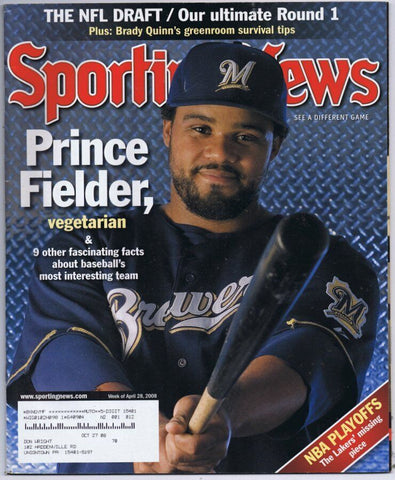 ORIGINAL Vintage April 28 2008 Sporting News Magazine Prince Fielder Brewers