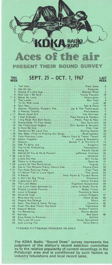 KDKA 1020 Pittsburgh VINTAGE September 25 1967 Music Survey Rolling Stones