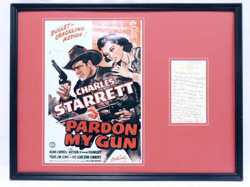 Charles Starrett Signed Framed 18x24 Letter & Pardon My Gun Poster Display