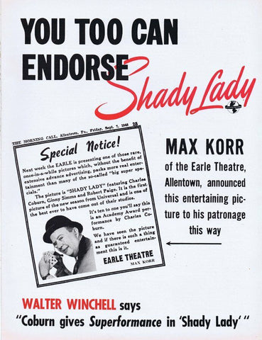 Shady Lady 1945 ORIGINAL Vintage 9x12 Industry Ad Charles Coburn Ginny Simms