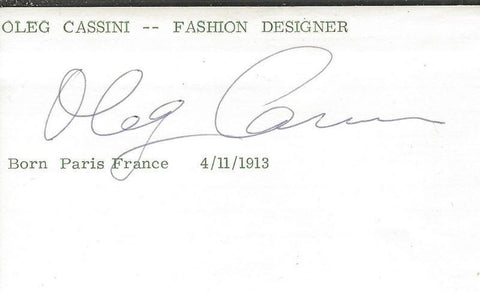 Oleg Cassini Signed 3x5 Index Card JSA 