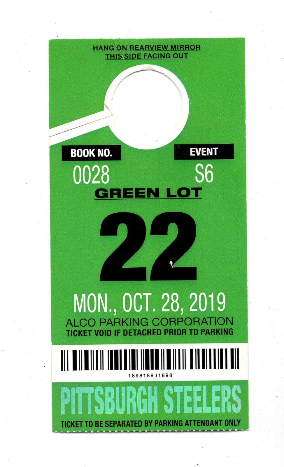 ORIGINAL Oct 28 2019 Dolphins @ Pittsburgh Steelers Parking Pass Conner 145 Yds